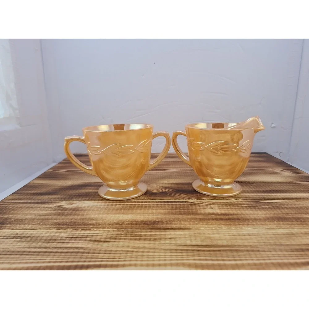 FIRE KING OVEN WARE PEACH LUSTER LAUREL LEAF SUGAR BOWL‎ AND CREAMER